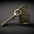 Stylish keychain with golden house key on dark background. Generative AI