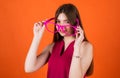 Stylish kid wear party glasses. fashion for kids. funny child beauty concept. happy childhood. teen girl looking trendy Royalty Free Stock Photo