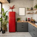 Stylish kitchen with red fridge and houseplants Royalty Free Stock Photo
