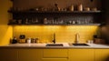 stylish kitchen interior with white counters, peg boards and yellow wall, generative ai Royalty Free Stock Photo