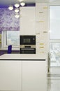 Stylish kitchen interior with white fronts and built-in oven and microwave. Vertical photography Royalty Free Stock Photo