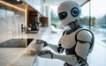 Robot prepares to serve a cup of coffee in a modern kitchen setting, showcasing the blend of technology and daily life Royalty Free Stock Photo