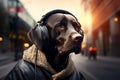 A stylish labrador dog wearing headphones in a fashionable