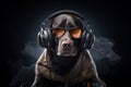 Stylish Labrador dog wearing headphones and sunglasses