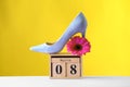 Stylish lady`s shoe, flower and wooden block calendar