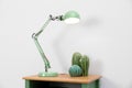 Stylish lamp and decorative cacti on table
