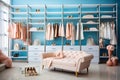 Stylish large, modern dressing room in blue tones. Generative AI. Royalty Free Stock Photo