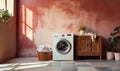 Stylish Laundry room interior. Modern washing machine and laundry basket near white wall indoors, space for text