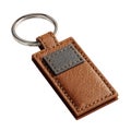 Stylish leather rectangle keychain with textured accent and metal ring white background Royalty Free Stock Photo