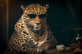 Leopard wearing a pair of sunglasse