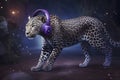 Stylish leopard in purple headphones. Fantasy fashion concept. Neural network AI generated