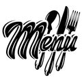 Stylish lettering Menu with set of cutlery. Template for cover design. Vector monochrome illustration. Lettering