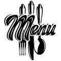 Stylish lettering Menu with a set of cutlery. Template for design. Vector monochrome illustration. Lettering, calligraphy