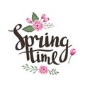 Stylish lettering Spring timewith flowers and leaves. Vector illustration. Royalty Free Stock Photo