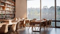 Stylish library interior with work tables in row and bookshelf, panoramic window
