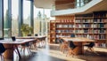 Stylish library interior with work tables in row and bookshelf, panoramic window
