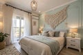 Stylish light bedroom with macrame wall Royalty Free Stock Photo