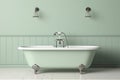 Stylish light green bathroom interior featuring a luxurious bathtub and trendy tiled wall design Royalty Free Stock Photo