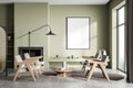 Stylish light green and grey living room with frame. Seating arrangement idea