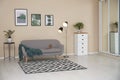 Stylish light room interior with comfortable sofa Royalty Free Stock Photo