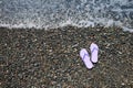 Stylish lilac flip lops on pebble beach near sea, above view. Space for text