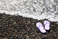 Stylish lilac flip lops on pebble beach near sea. Space for text