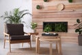 Stylish living room interior with armchair, green plants and miniature zen garden. Home design