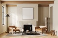 Stylish living room interior with armchairs and fireplace, mockup frame Royalty Free Stock Photo