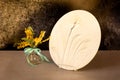 Stylish living room interior with botanical bas-relief spring flowers daffodils for wall art and flowers mimosa in vase