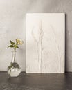 Stylish living room interior with botanical bas-relief wildflowers for wall artand flowers in vase. 3D Flower plaster decor.