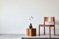 Stylish living room interior composition with creative design vintage chair, wooden cube and elegant personal accessories. Royalty Free Stock Photo