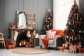 Stylish living room interior with decorated Christmas tree. Royalty Free Stock Photo