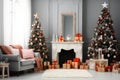 Stylish living room interior with decorated Christmas tree. Royalty Free Stock Photo