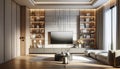 Stylish living room interior design. Central to the room is a modern built-in TV counter with the wall. AI Generated