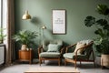 Stylish living room interior design with mock up poster frame, frotte armchair Royalty Free Stock Photo