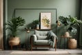 Stylish living room interior design with mock up poster frame, frotte armchair Royalty Free Stock Photo