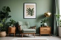 Stylish living room interior design with mock up poster frame, frotte armchair Royalty Free Stock Photo