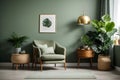 Stylish living room interior design with mock up poster frame, frotte armchair Royalty Free Stock Photo