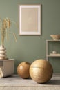 Stylish Living Room Interior Design With Mock Up Poster Frames, Wooden Ball , Coffe Table, Beige Carpet And Creative Home