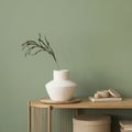 Stylish living room interior design wooden chest of drawers, beige vase and creative home accessories. Sage green wall. Copy space Royalty Free Stock Photo