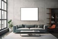 Stylish living room interior of modern apartment with gray coach, sofa, table, wooden furniture and mockup of blank Royalty Free Stock Photo