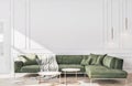 Stylish living room interior of modern white apartment and trendy green beautiful furniture, Home decor.