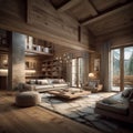 Stylish living room interior in modern wooden Swiss chalet Royalty Free Stock Photo