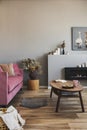 Stylish living room interior with pastel pink sofa, wooden coffee table and eco fireplace Royalty Free Stock Photo