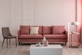 Stylish living room interior with pastel pink velvet sofa