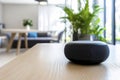 A stylish living room with smart speakers, a thermostat, and automated blinds, all controlled by voice commands