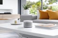 A stylish living room with smart speakers, a thermostat, and automated blinds, all controlled by voice commands