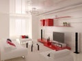 A stylish living room with stylish red furniture.