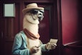 a stylish llama in a fashionable outfit and glasses holds a ticket to the cinema, Generative AI