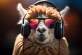 Stylish llama in glasses enjoys music, a fusion of coolness